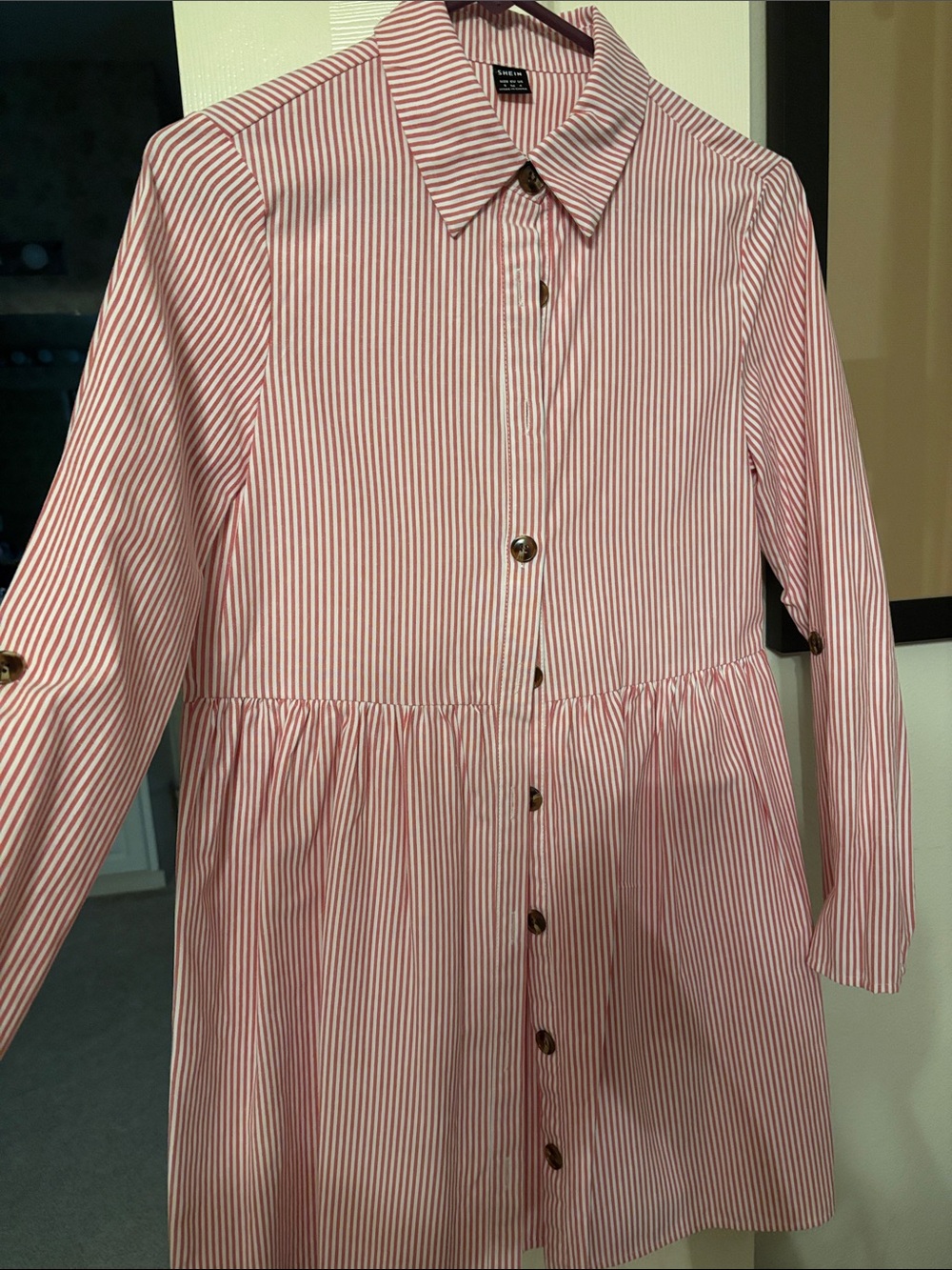 SHEIN Pink and White Striped Button-Front Shirt Dress